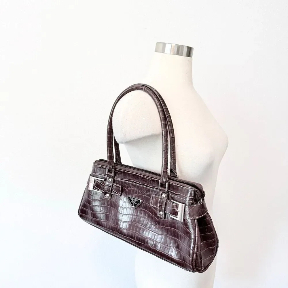 Brown Alligator Faux Baguette Bag Shoulder Purse Small Buckle